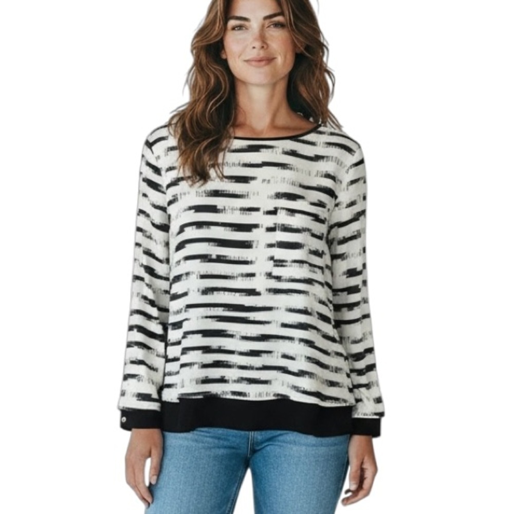 Calvin Klein Classic Contemporary Striped Viscose Blend Blouse Large Black White